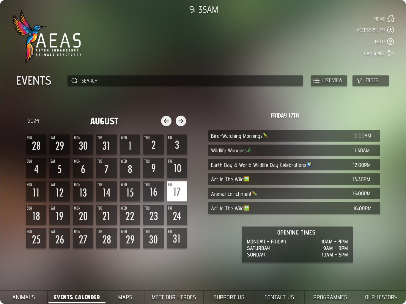 Events calendar interface showing monthly schedule and daily wildlife programmes